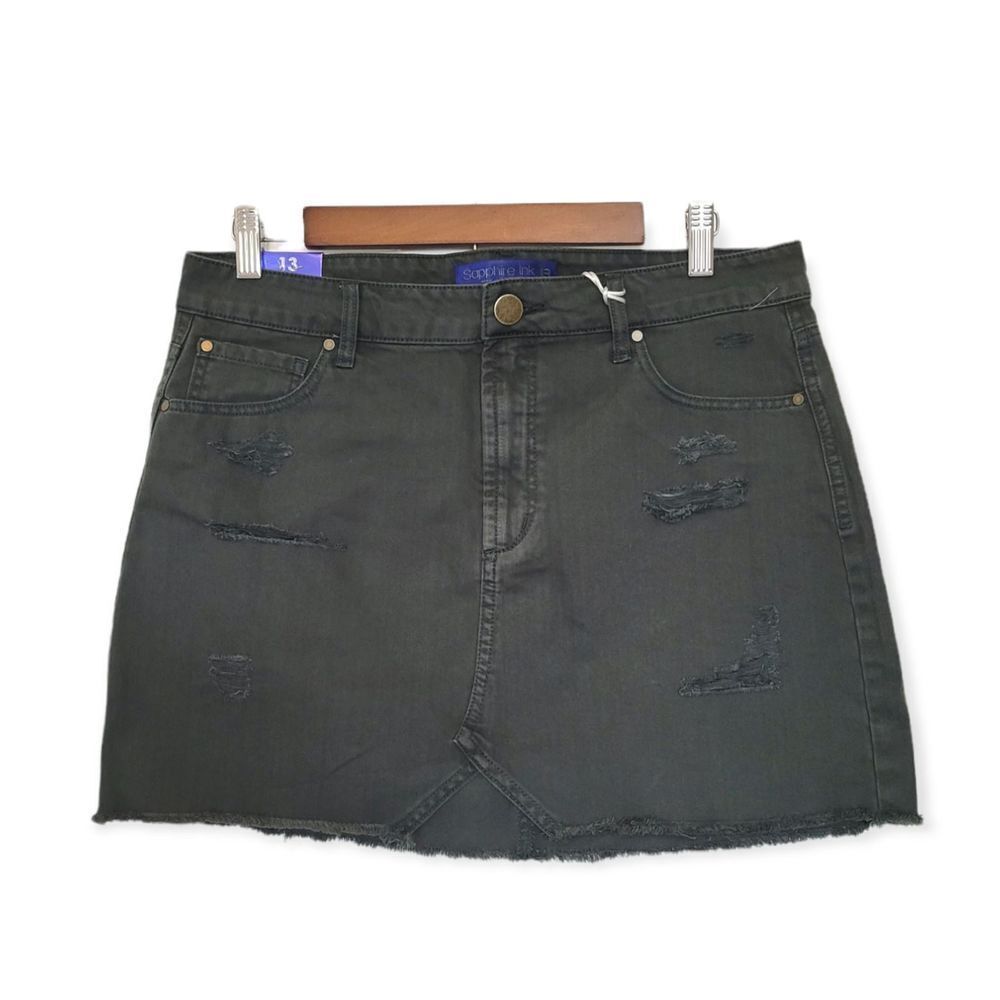 NWT Denim Mini Skirt Distressed Raw Hem Dark Green Size L 34" waist